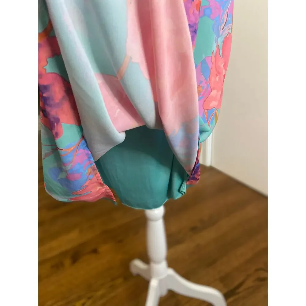 Everly torquoise tropical print sleeveless chiffon overlay dress